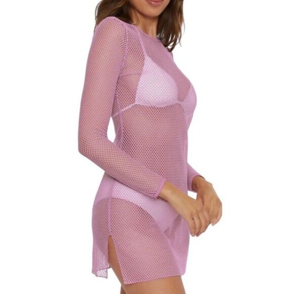 Womens M Pink Metallic Long Sleeve Swim Cover Up Open Weave Mesh Pullover NWT - Picture 3 of 6